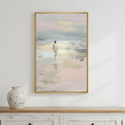 Watercolor canvas and fine art print of Jesus walking on the water displayed in a light, peaceful home setting.
