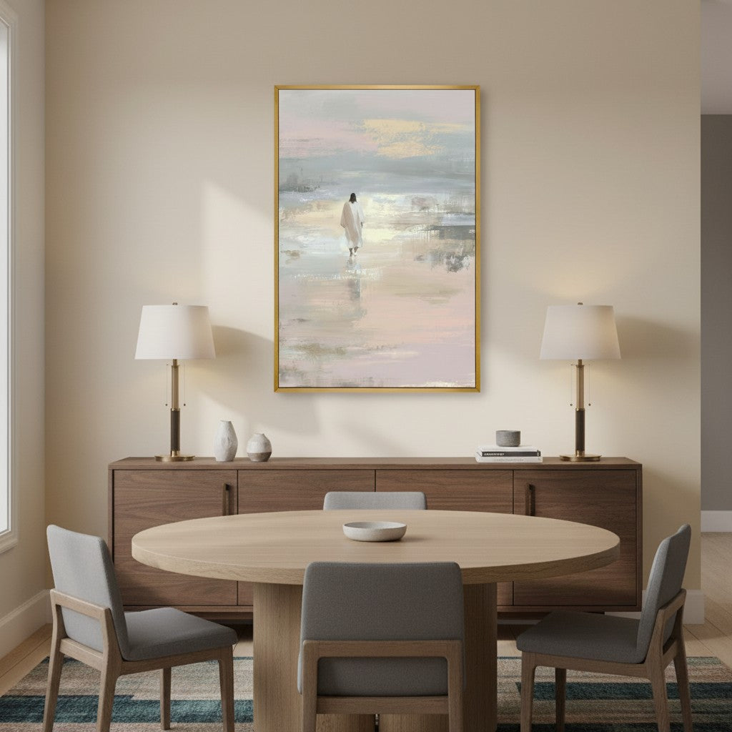 Christian watercolor canvas of Jesus walking on the water displayed on a accent wall.