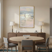 Christian watercolor canvas of Jesus walking on the water displayed on a accent wall.