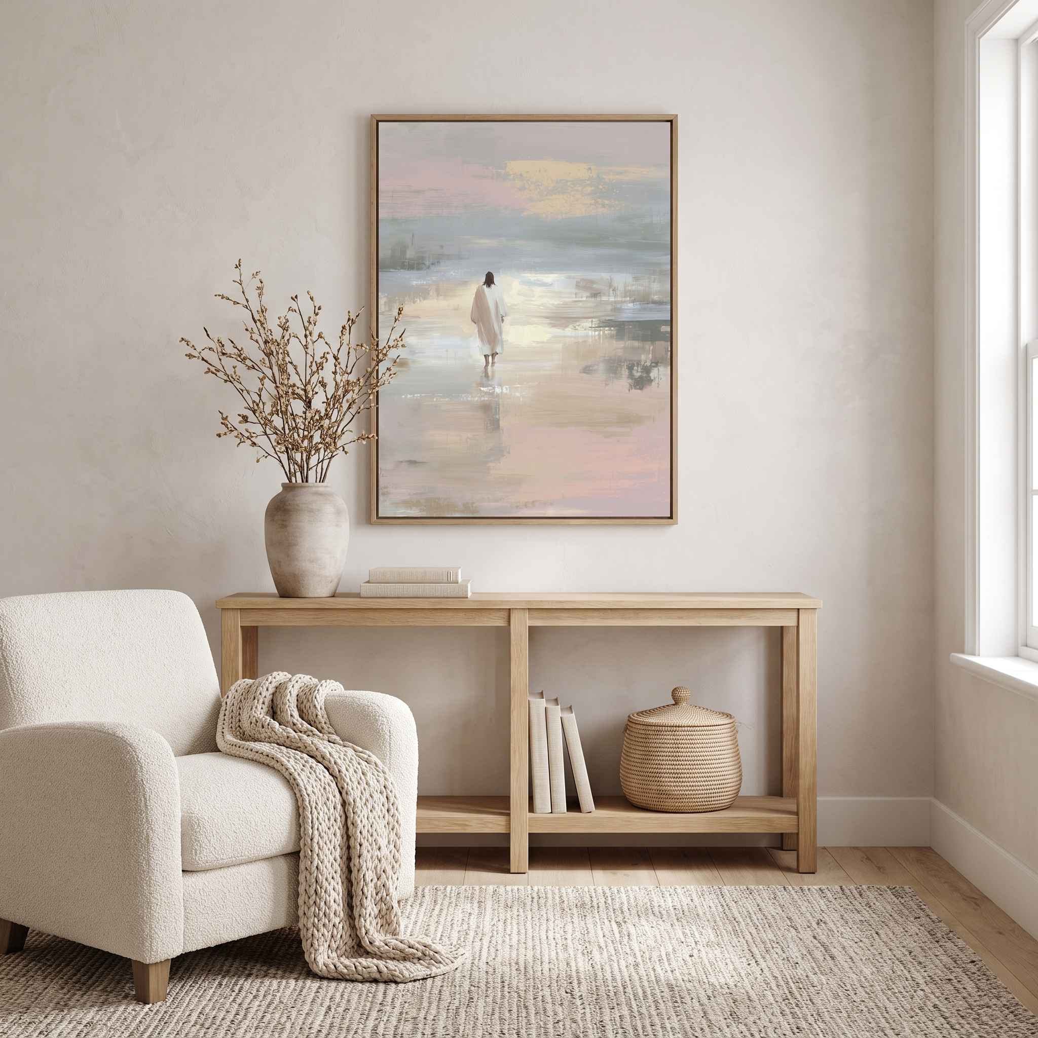 Christian minimalist watercolor canvas of Jesus walking on the water displayed on a accent wall.