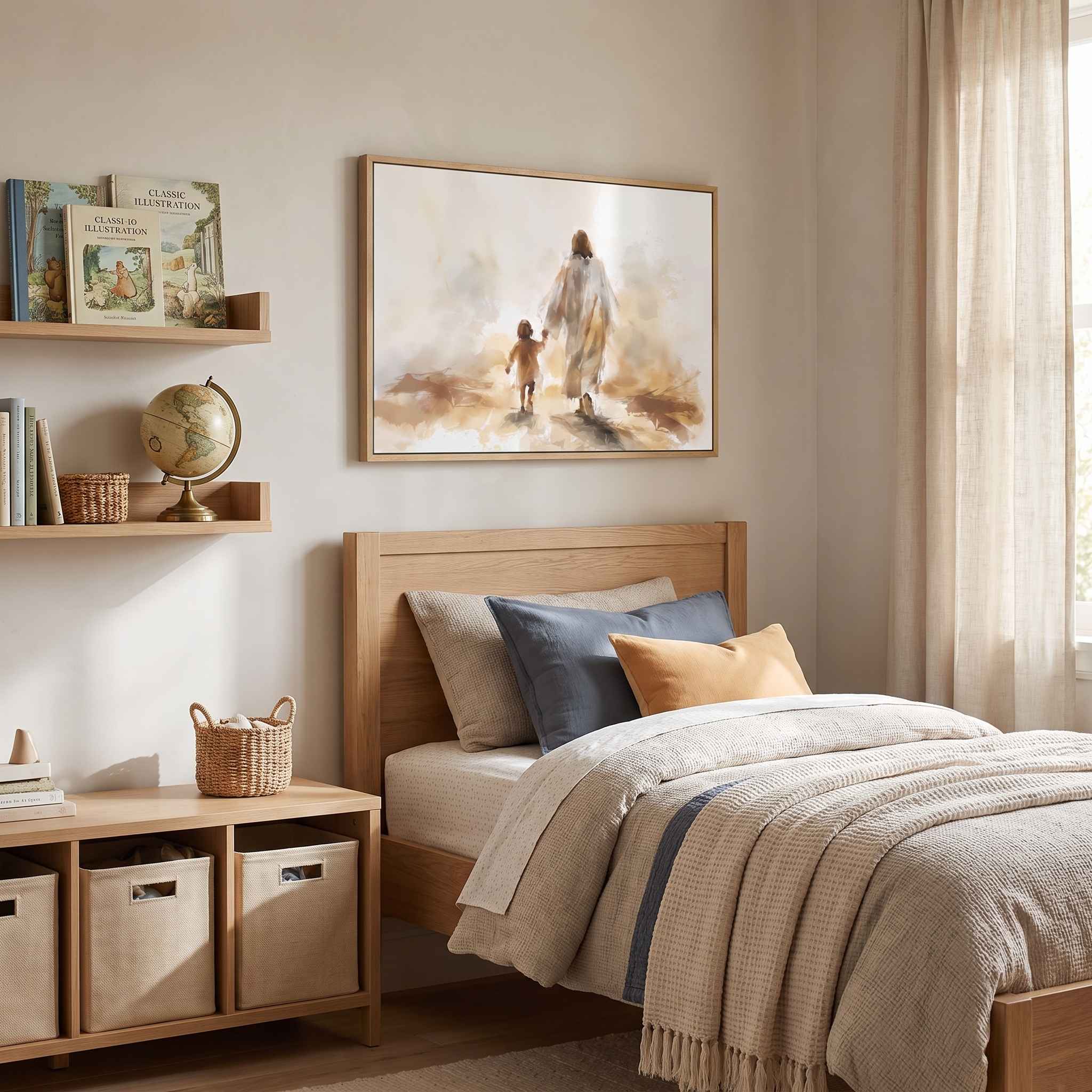 Jesus walking with a child watercolor Christian wall art above a wooden bed in a cozy kids’ bedroom, a meaningful nursery or baptism gift.