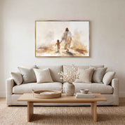 Jesus walking hand in hand with a child watercolor wall art in a light wood frame above a beige sofa, a meaningful Christian family room decor.