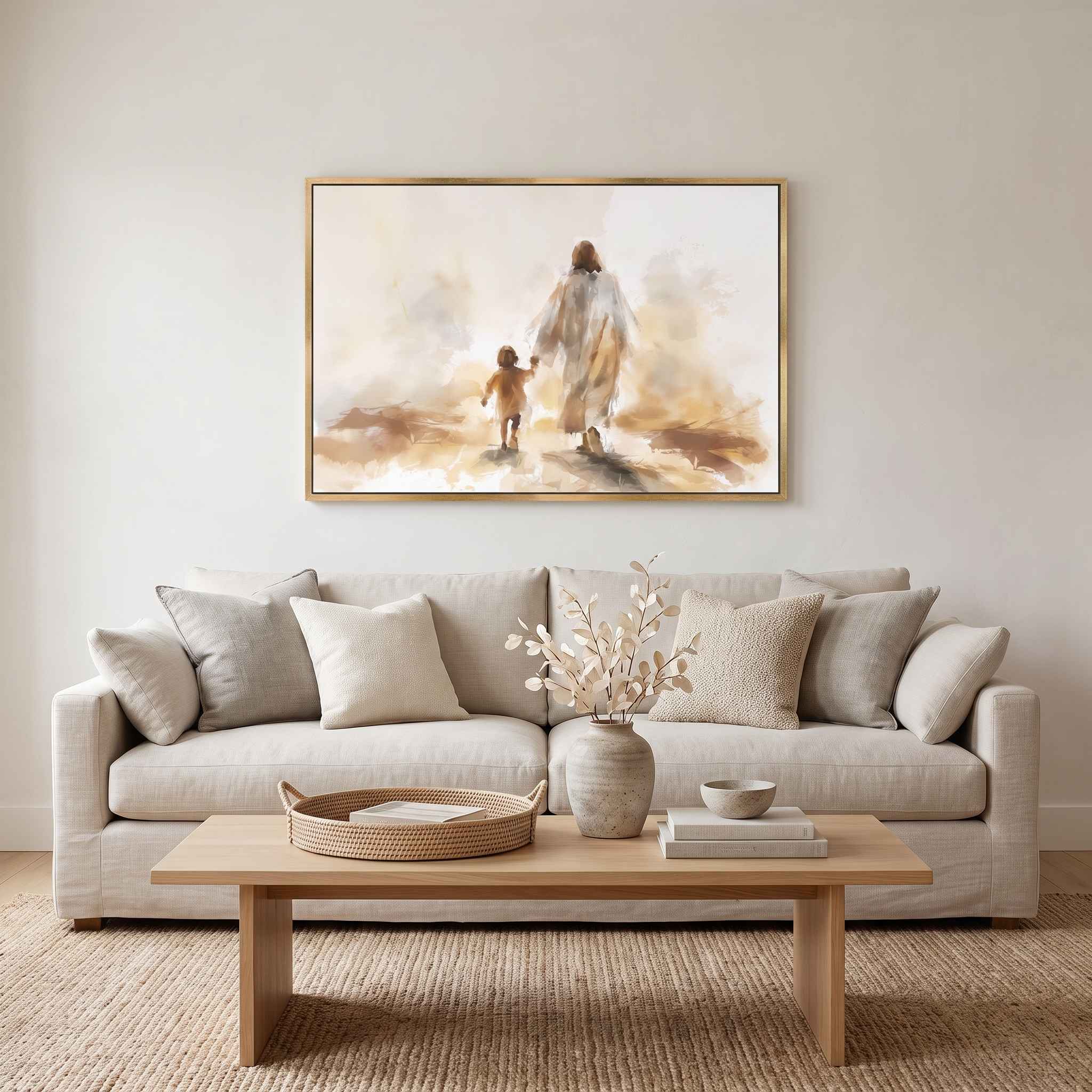 Jesus walking hand in hand with a child watercolor wall art in a light wood frame above a beige sofa, a meaningful Christian family room decor.