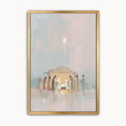 Watercolor nativity scene wall art with the Star of Bethlehem shining above
