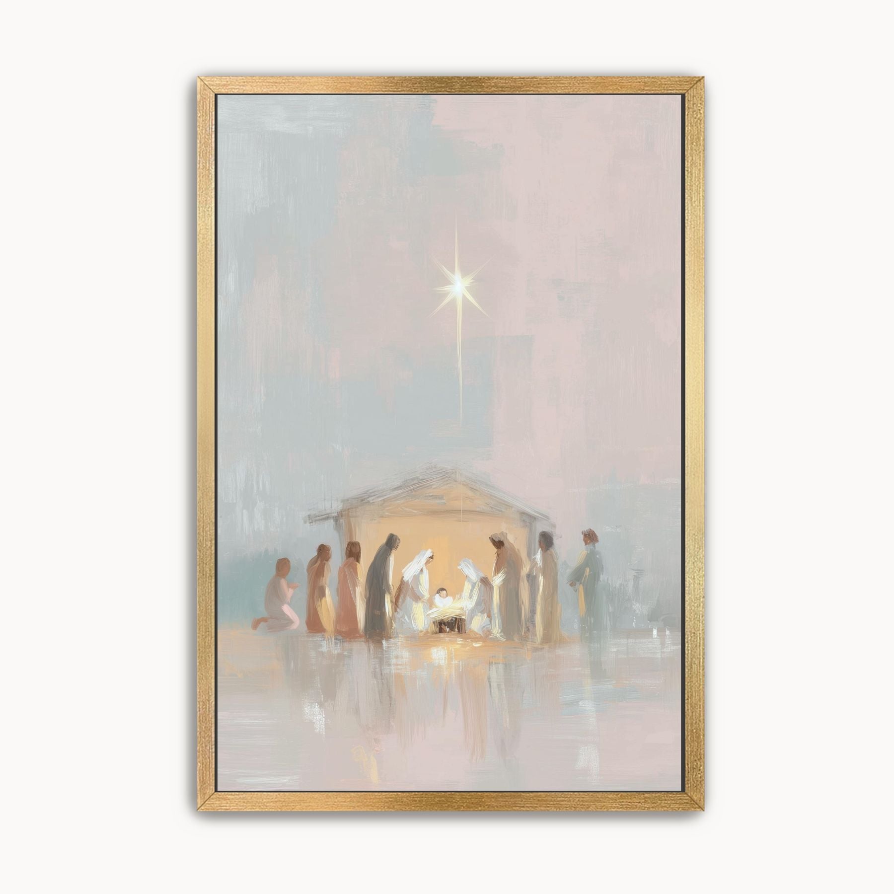 Watercolor nativity scene wall art with the Star of Bethlehem shining above