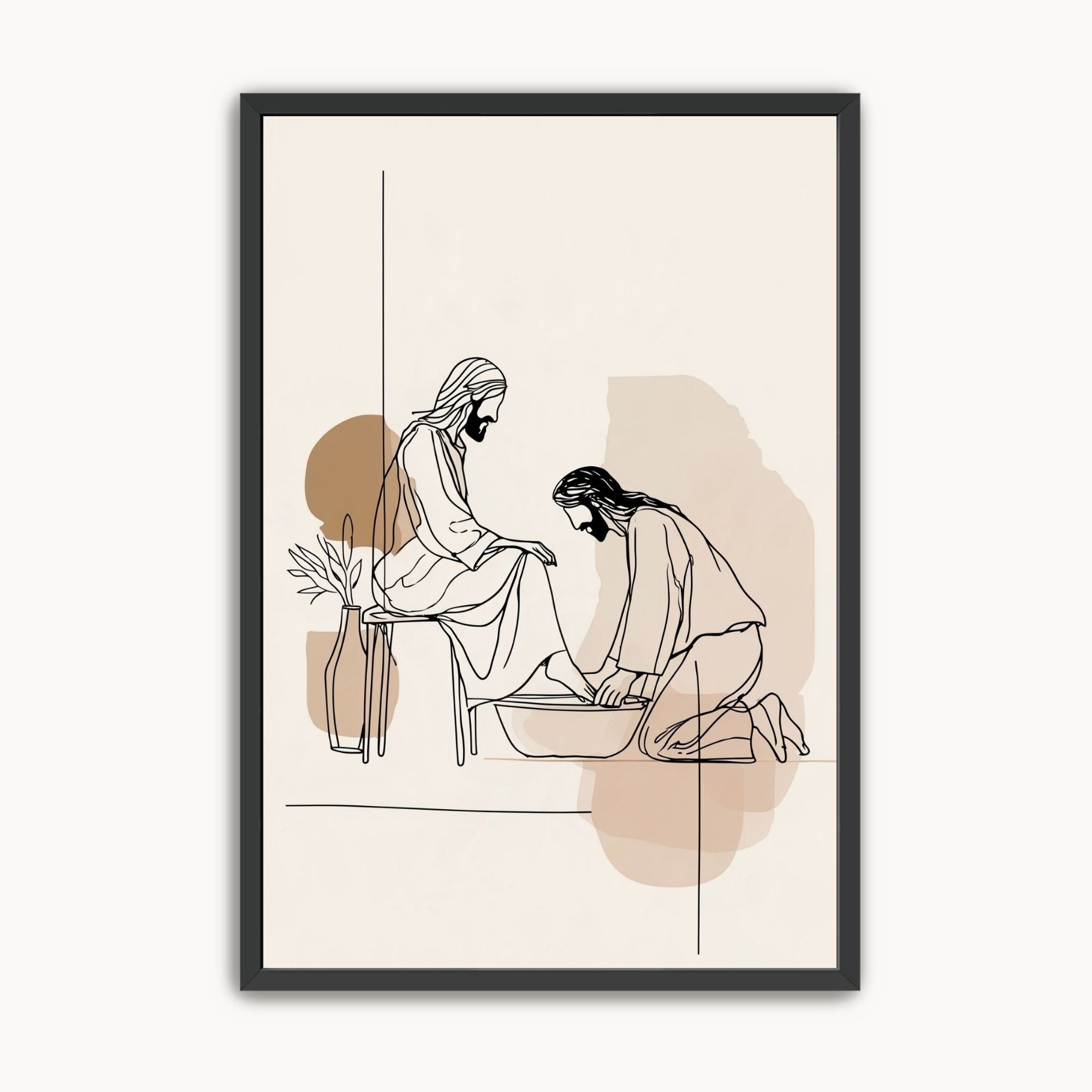 Minimalist line art print of Jesus washing His disciple's feet in a black frame with neutral beige abstract shapes on a light wall.