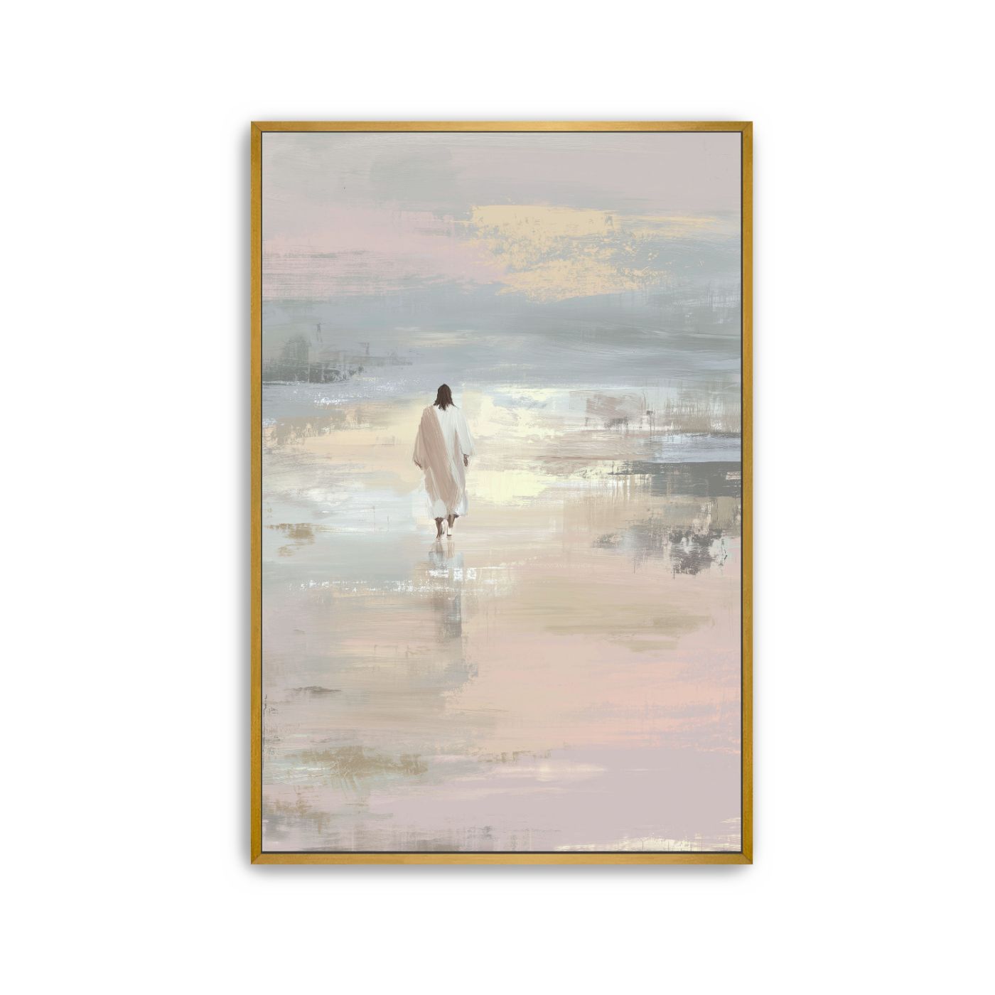Soft pastel artwork of Jesus walking on water hung above a neutral living room sofa.