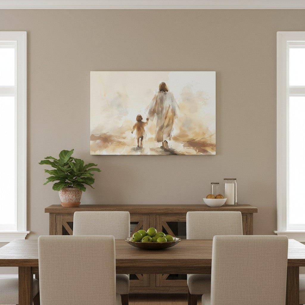 Faith-inspired canvas of Jesus walking with a child, hung in a dining room with wooden furniture and beige chairs.