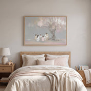 Christian wall art of Jesus with children under a tree framed above a bed in a soft pastel nursery and kid's room.