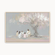 Watercolor Christian wall art of Jesus with children under a tree in gentle tones