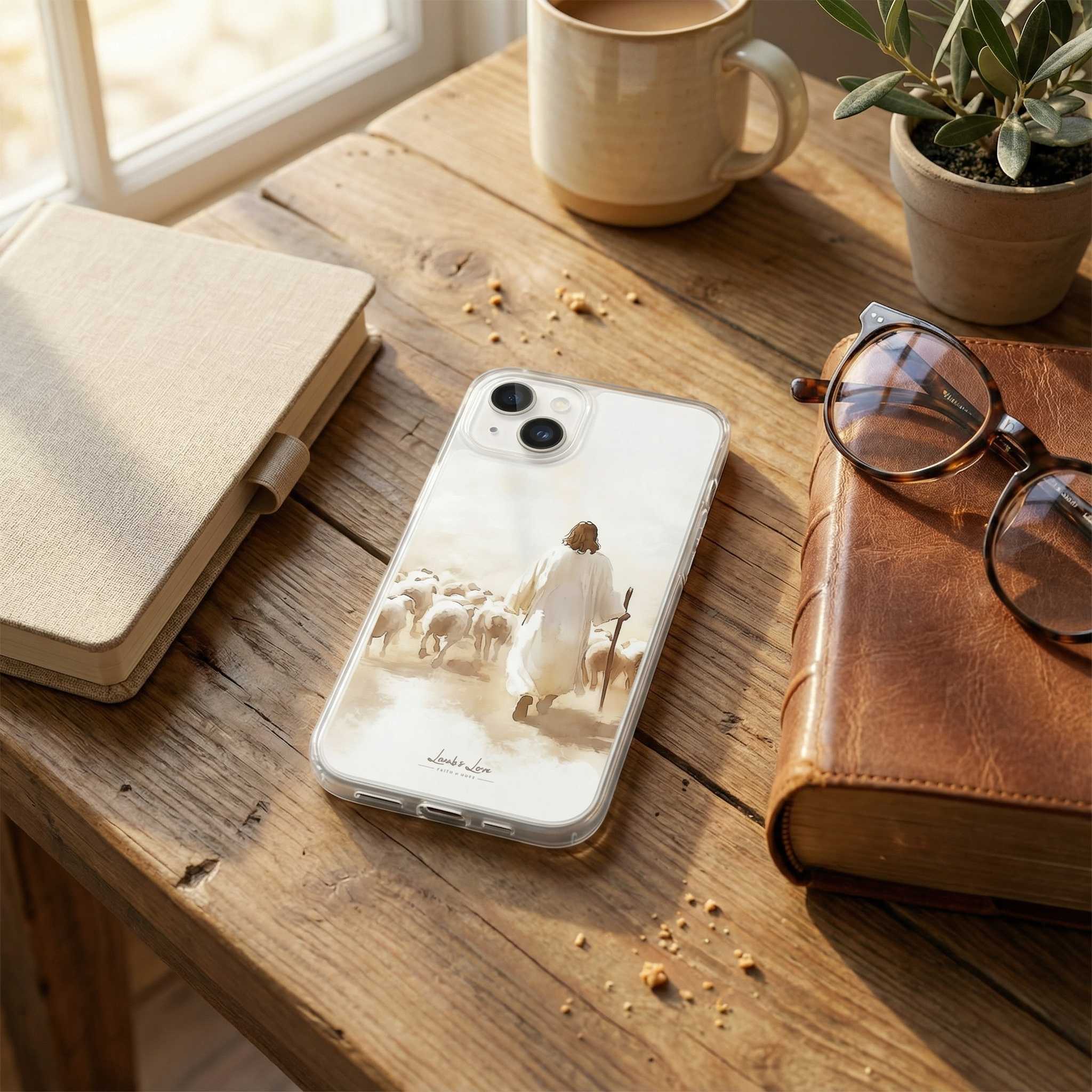 Phone case with a religious design on a wooden desk with a mug, notebook, and glasses.