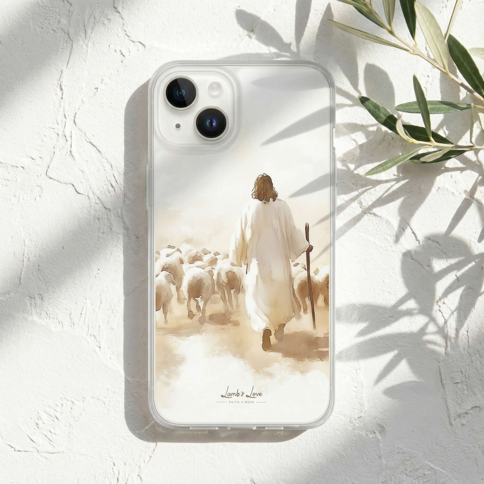 Phone case with a design of a shepherd walking with sheep on a light background