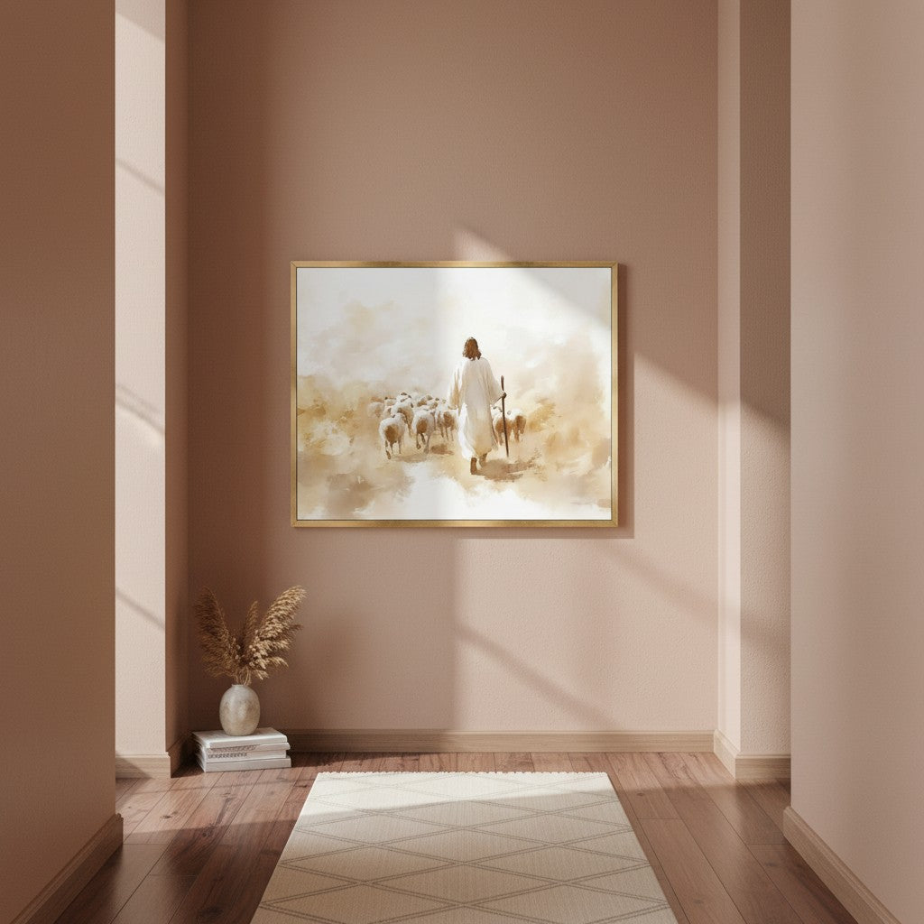 Christian watercolor wall art of Jesus standing among His sheep, symbolizing His love and care as the Good Shepherd from John 10:11.