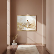 Christian watercolor wall art of Jesus standing among His sheep, symbolizing His love and care as the Good Shepherd from John 10:11.