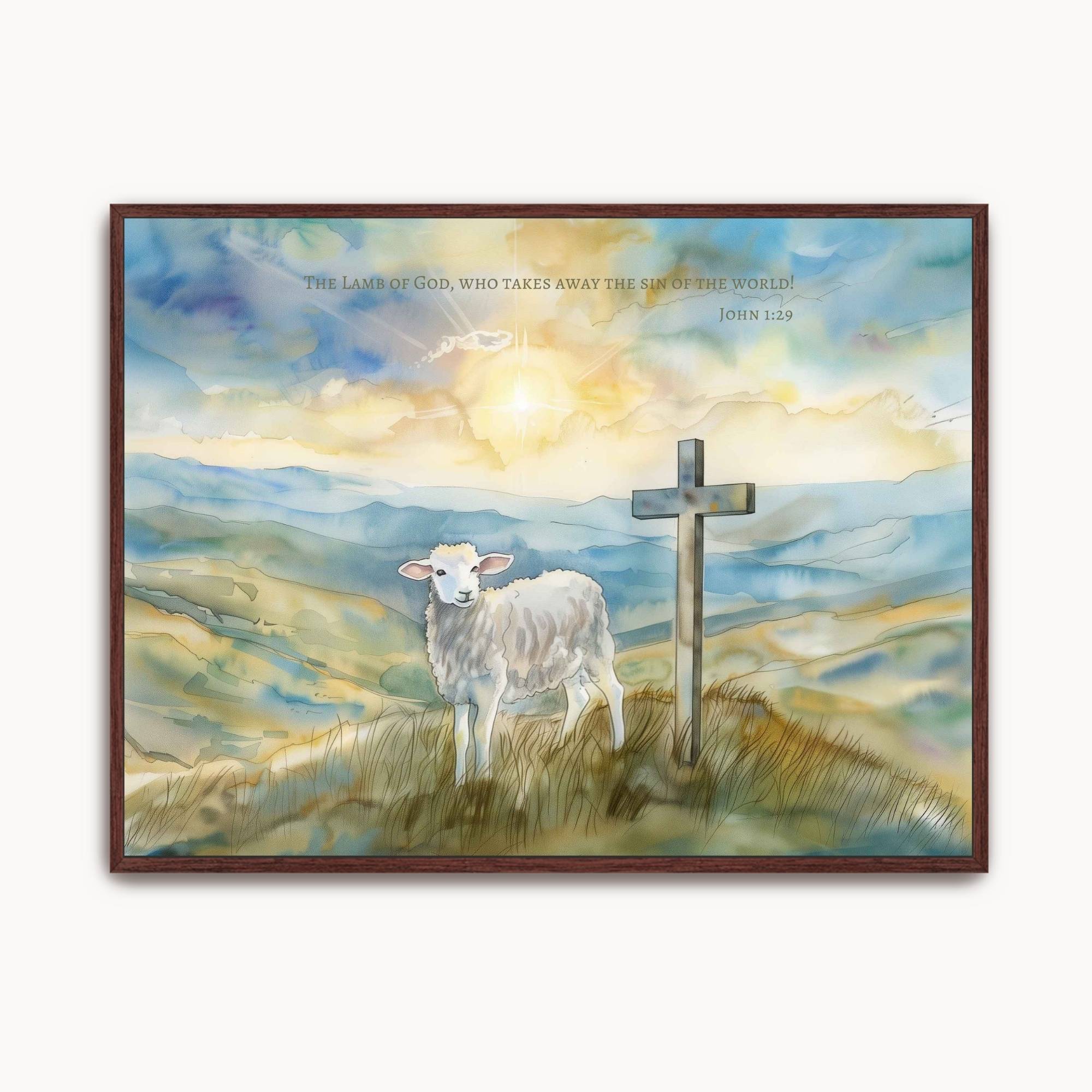 John 1:29 Lamb of God watercolor wall art featuring a lamb beside a cross in a sunrise landscape, a Christian print about hope and redemption.