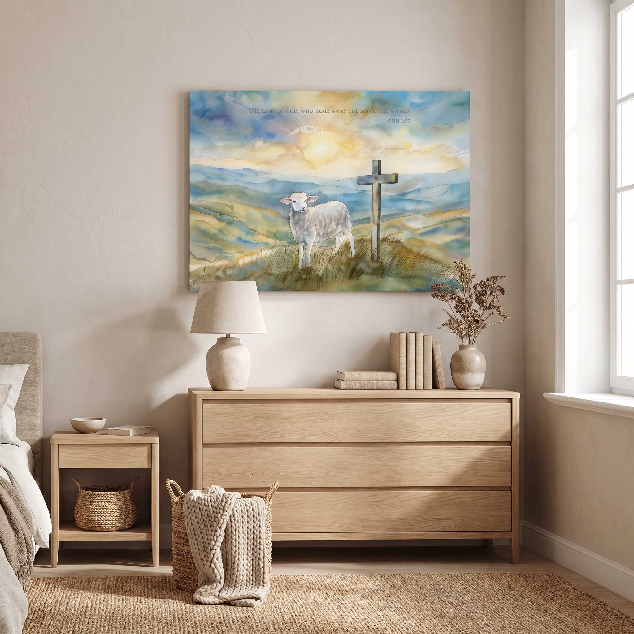 John 1:29 Lamb of God Christian wall art with a lamb beside a cross at sunrise, displayed above a dresser in a bright neutral bedroom.