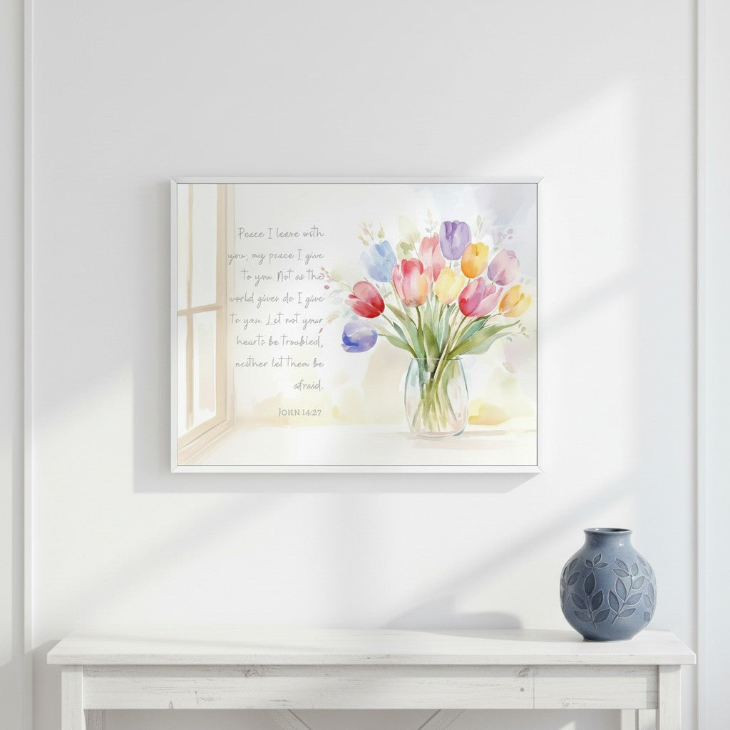 John 14:27 Bible verse wall art with a watercolor tulip bouquet displayed above a white console table and blue vase in a bright neutral room.