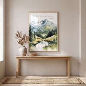 Framed John 14:27 watercolor wall art with a mountain stream and “Peace I leave with you” verse, displayed above an entryway console with a vase and bowl.