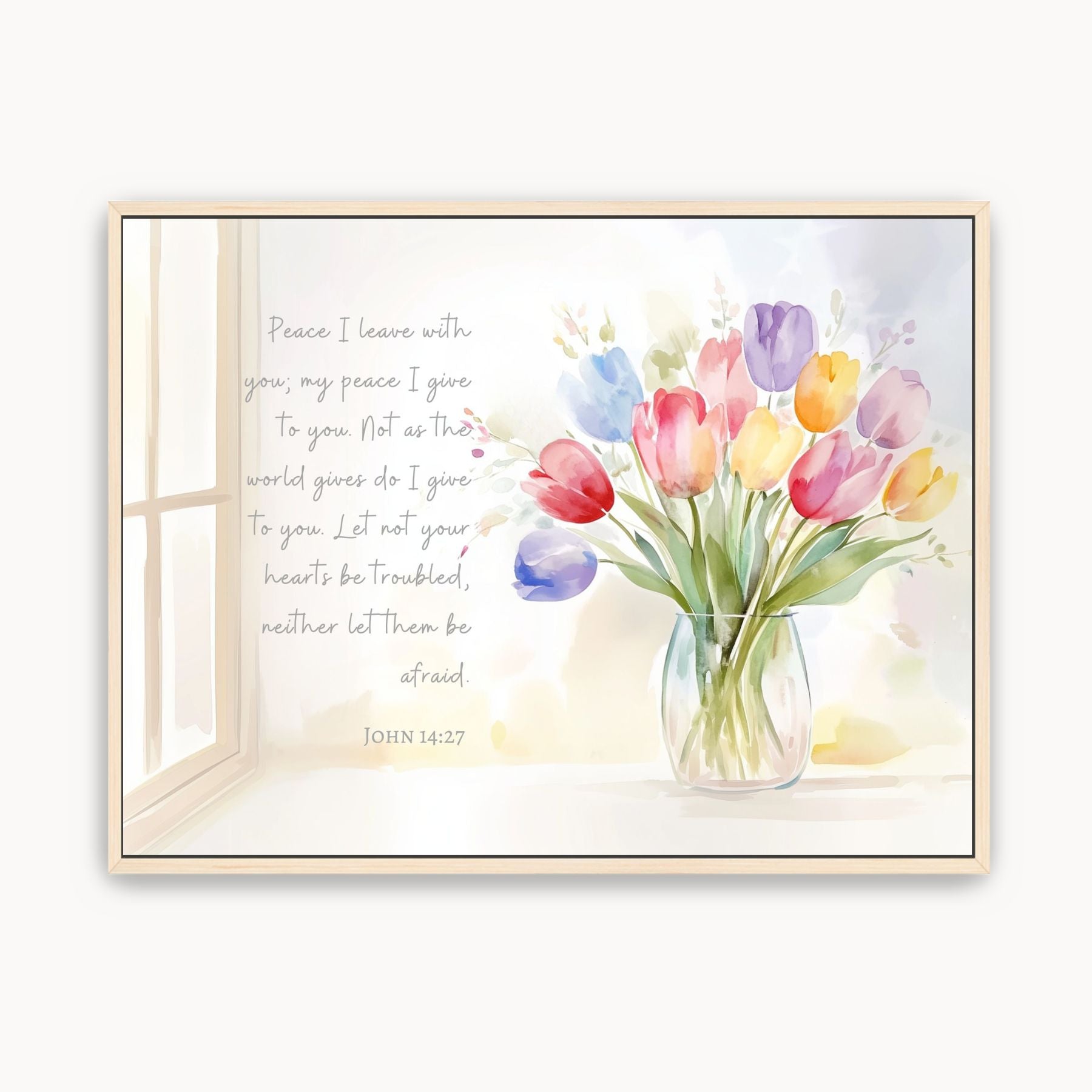 John 14:27 Christian wall art with Jesus’ words “Peace I leave with you” beside a colorful watercolor tulip bouquet in a glass vase.