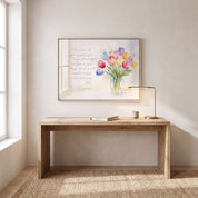 John 14:27 tulip wall art above a light wood desk in a bright home office, featuring a watercolor bouquet and Jesus’ words about peace.