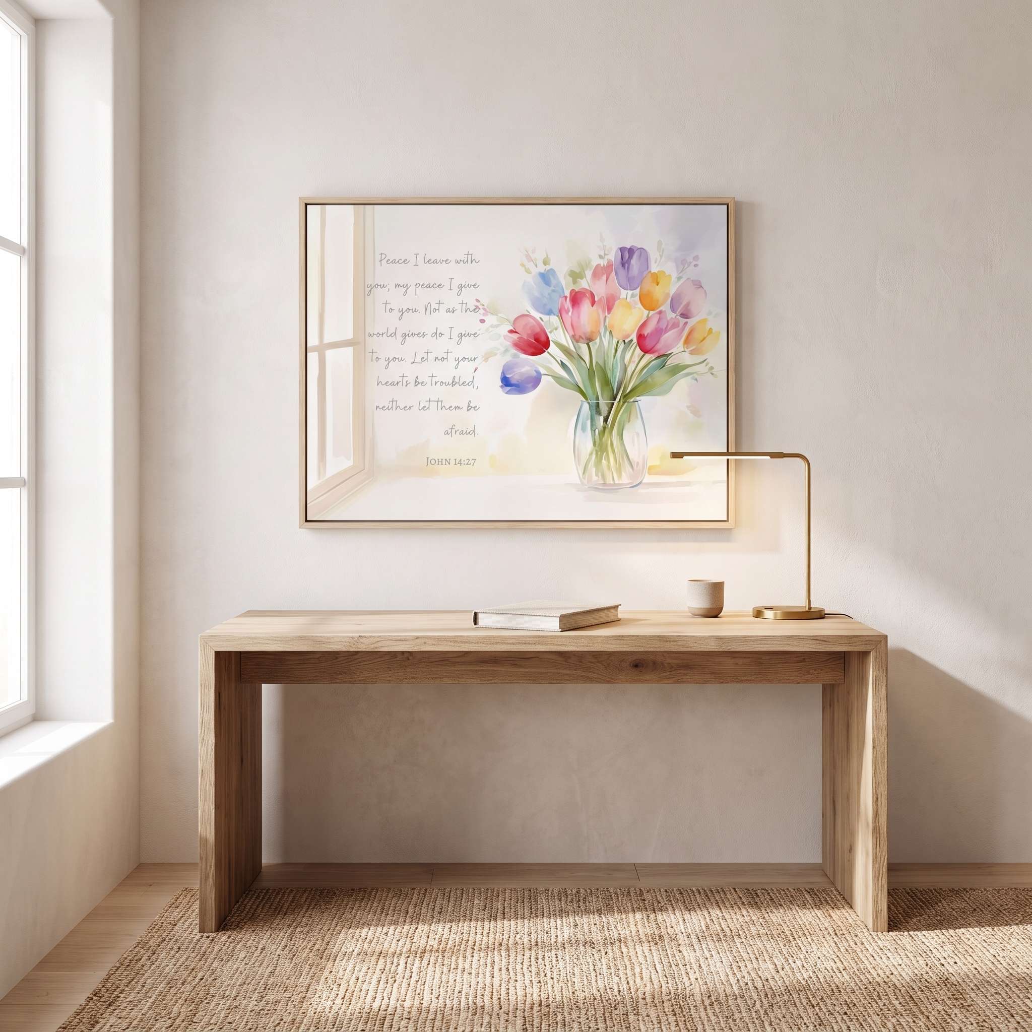 John 14:27 tulip wall art above a light wood desk in a bright home office, featuring a watercolor bouquet and Jesus’ words about peace.