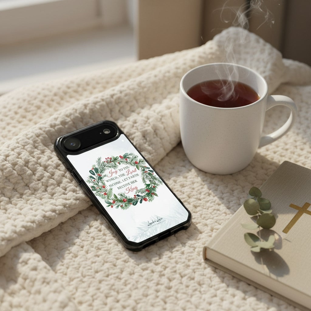 Cozy Christmas morning scene with a "Joy to the World" MagSafe iPhone case featuring a watercolor wreath, resting on a knit blanket next to a steaming mug of tea and a Bible.