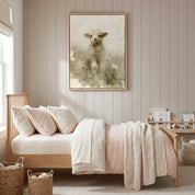 Framed lamb wall art in a soft pink and cream child’s bedroom, inspired by John 10:27–28 and Jesus’ loving care for His sheep.