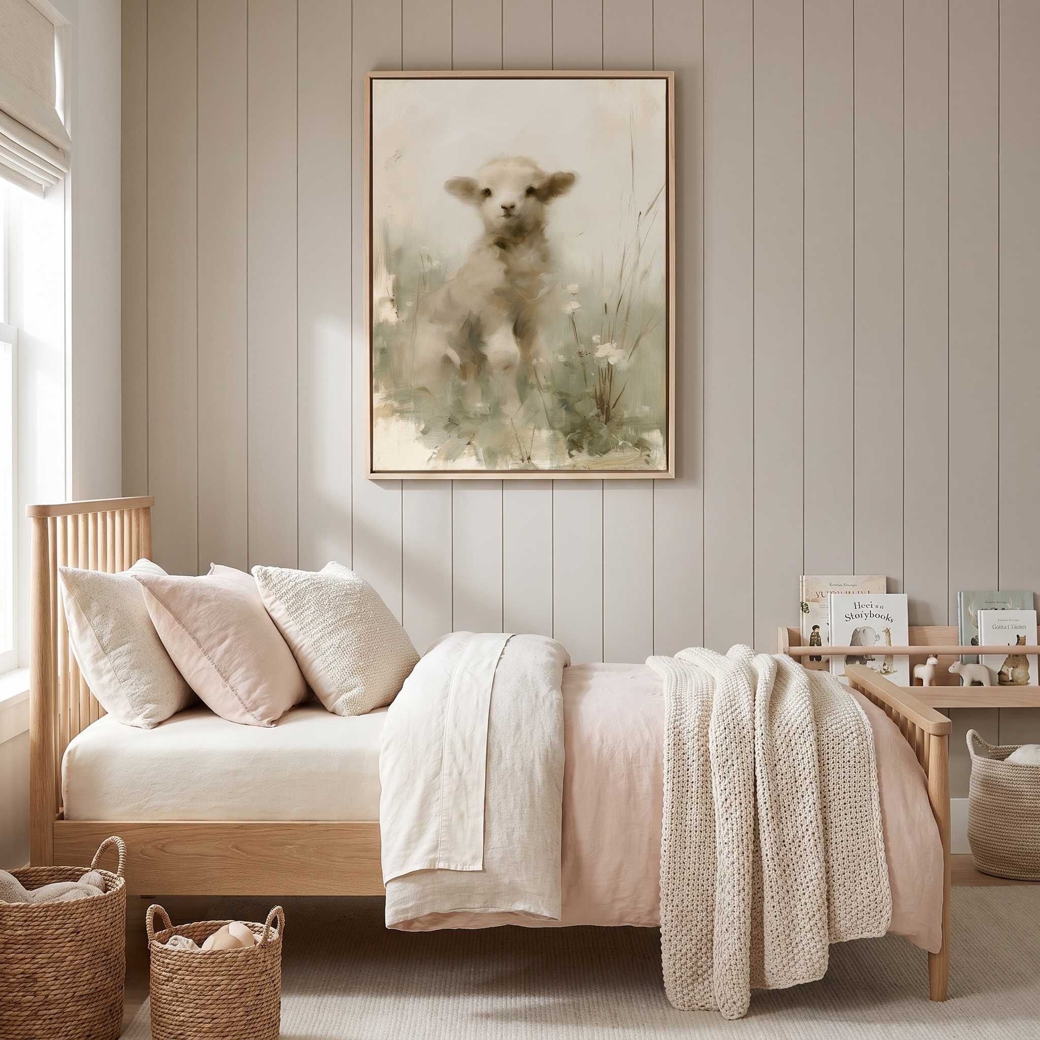 Framed lamb wall art in a soft pink and cream child’s bedroom, inspired by John 10:27–28 and Jesus’ loving care for His sheep.