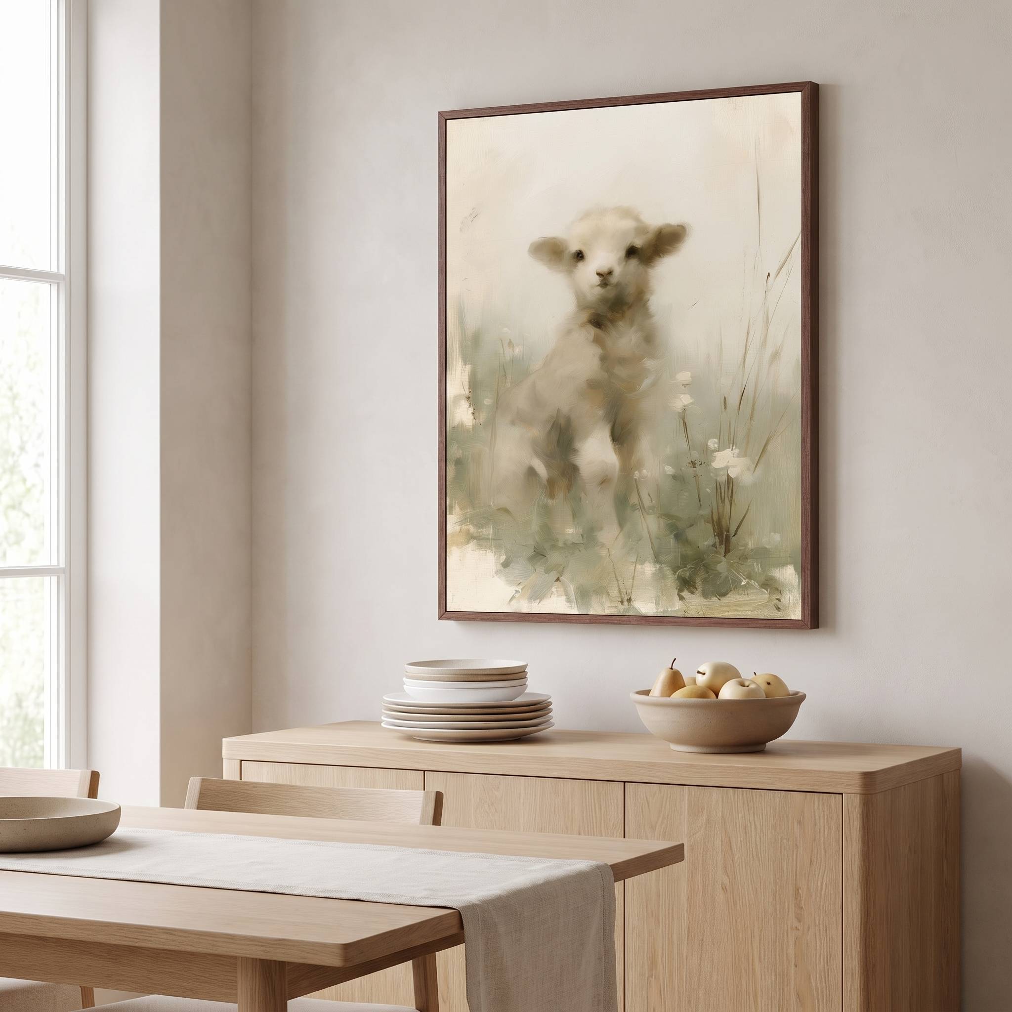Framed lamb Christian wall art above a light wood sideboard in a bright dining room, inspired by John 10:27–28 and Jesus’ love for His sheep.