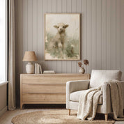 Framed watercolor lamb wall art above a light wood dresser in a calm bedroom, inspired by John 10:27–28 and the Good Shepherd’s care.