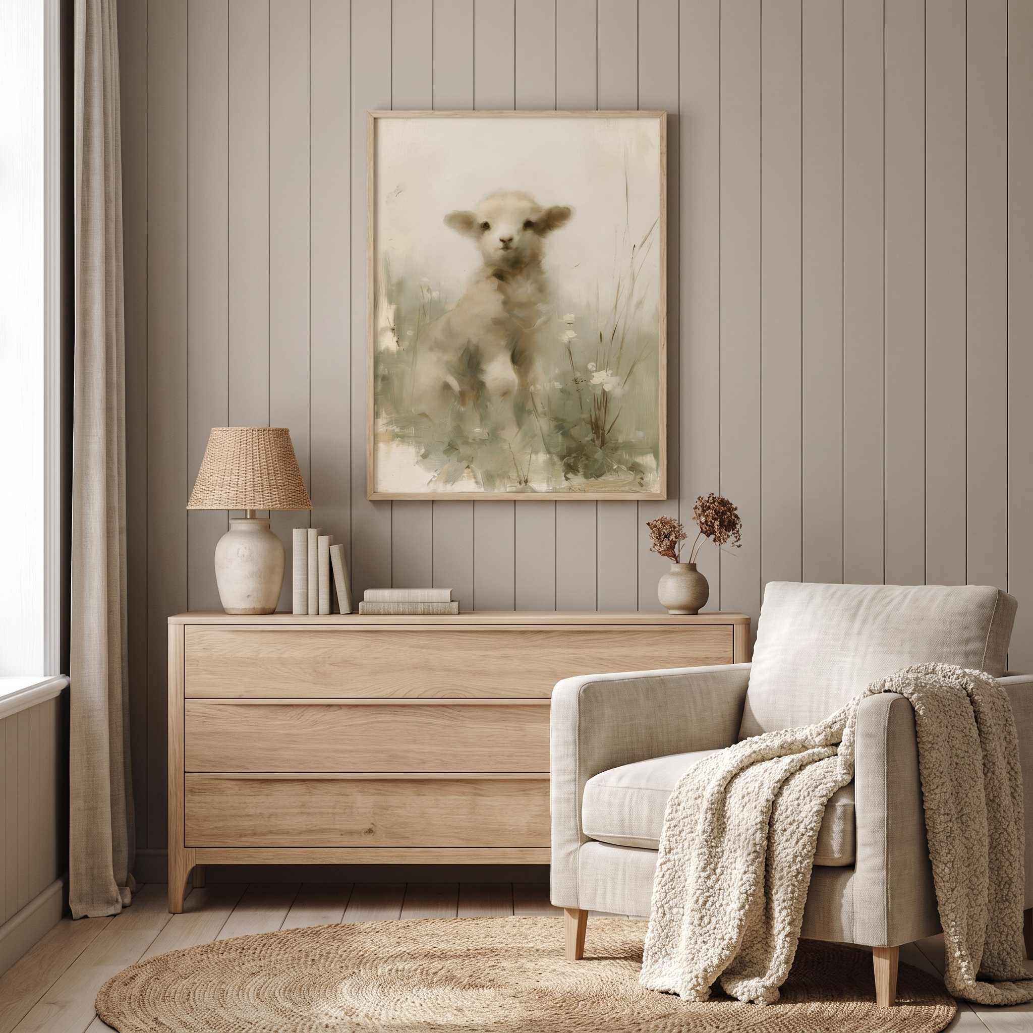 Framed watercolor lamb wall art above a light wood dresser in a calm bedroom, inspired by John 10:27–28 and the Good Shepherd’s care.
