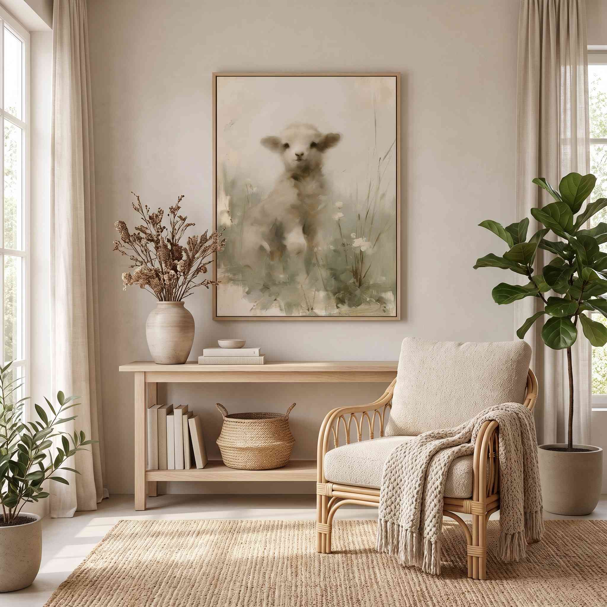 Lamb Christian wall art in a peaceful neutral home, inspired by John 10:27–28 and the Good Shepherd who knows His sheep.