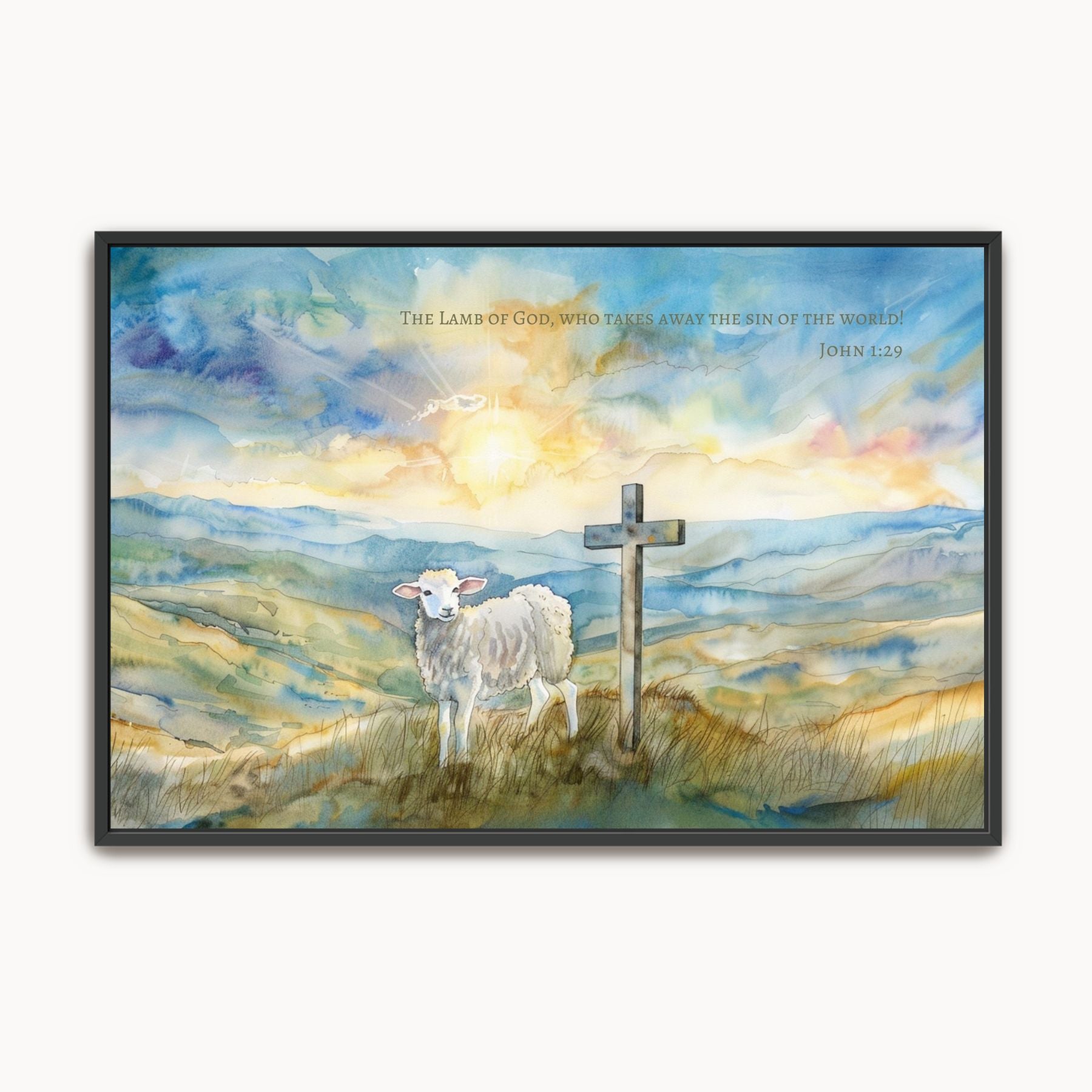 Framed canvas of a lamb and cross with a landscape background