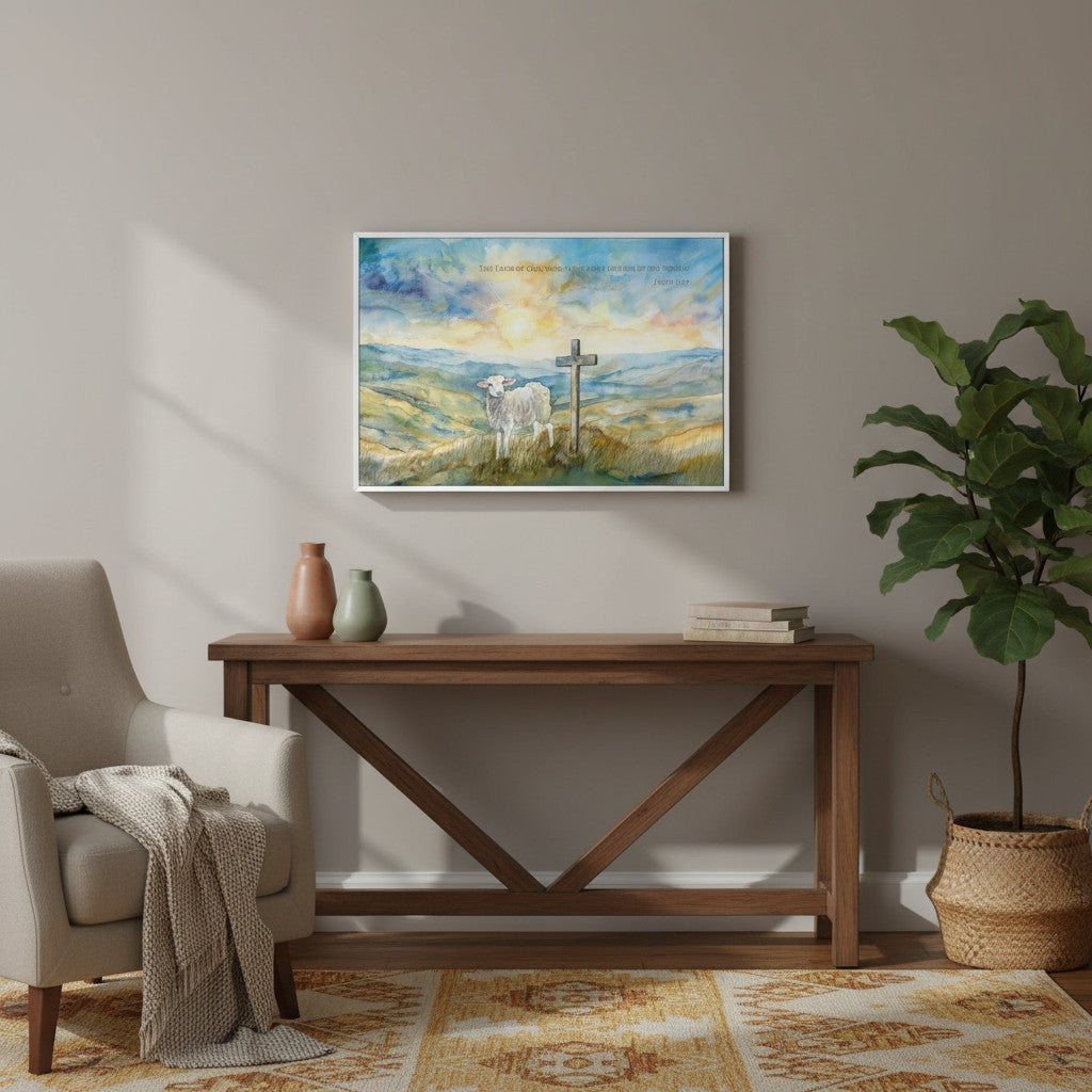 Christian wall art of the Lamb of God beside a cross, watercolor landscape with sunrise, symbolizing redemption and peace.