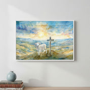 Lamb of God watercolor Christian wall art with a cross and lamb under radiant sunrise, inspired by John 1:29.