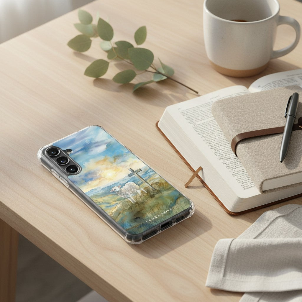Lamb of God Samsung phone case with lamb and cross in peaceful landscape on desk with open Bible coffee mug notebook and pen in soft natural light symbolizing Jesus who takes away the sin of the world John 1:29