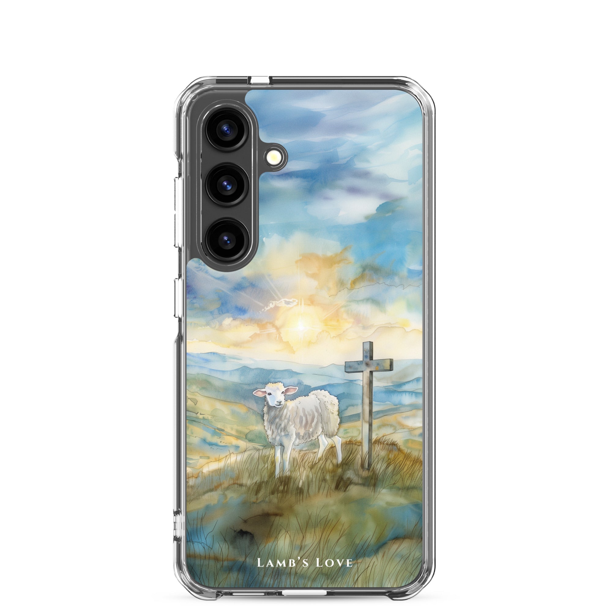 Lamb of God Samsung Galaxy S24 clear phone case with lamb and cross in peaceful landscape symbolizing Jesus who takes away the sin of the world John 1:29