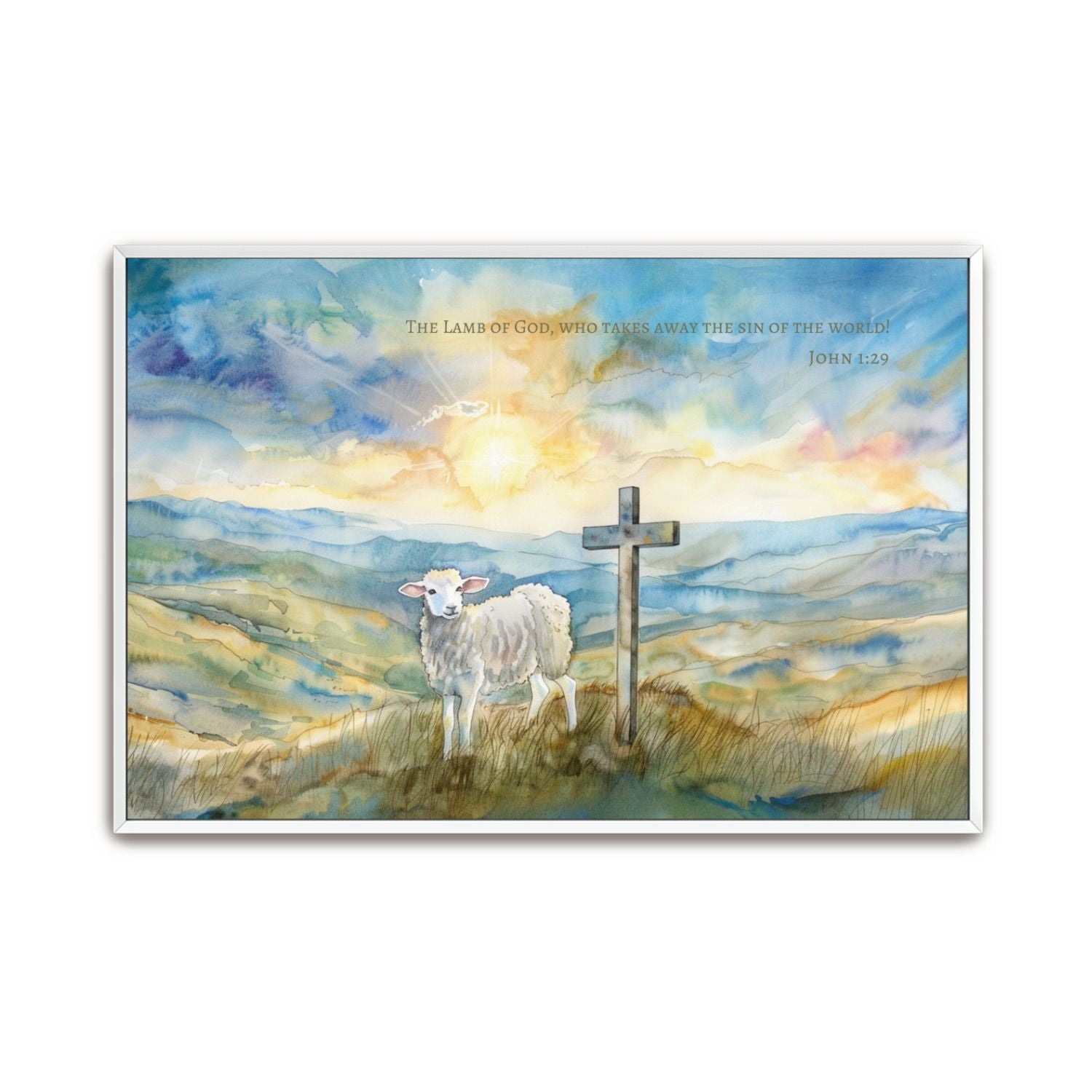 Close-up of Lamb of God watercolor artwork with soft light and scripture verse, highlighting the beauty of God’s redemption.