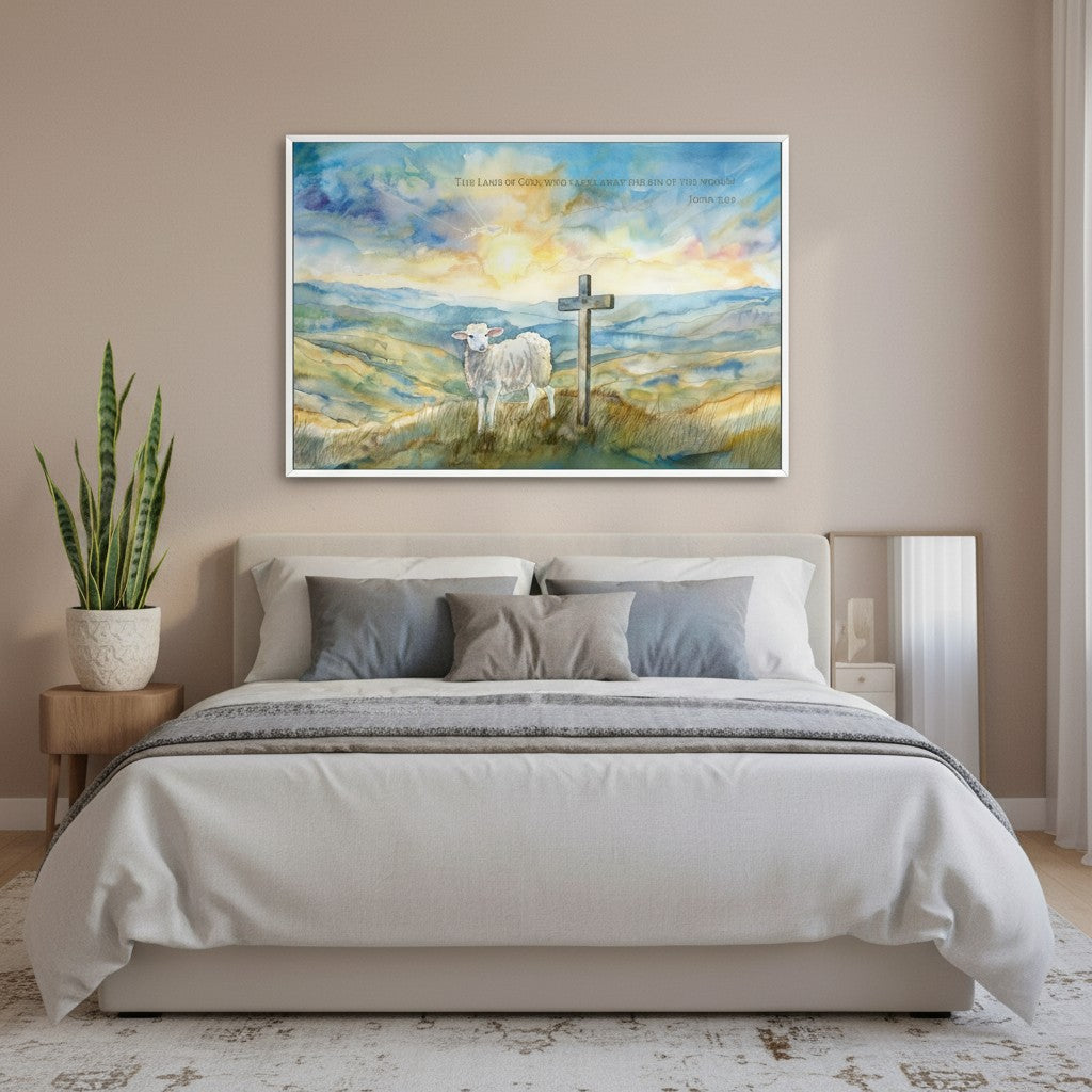 John 1:29 Lamb of God watercolor wall art displayed in a calm bedroom setting, representing faith and grace.
