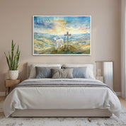 John 1:29 Lamb of God watercolor wall art displayed in a calm bedroom setting, representing faith and grace.