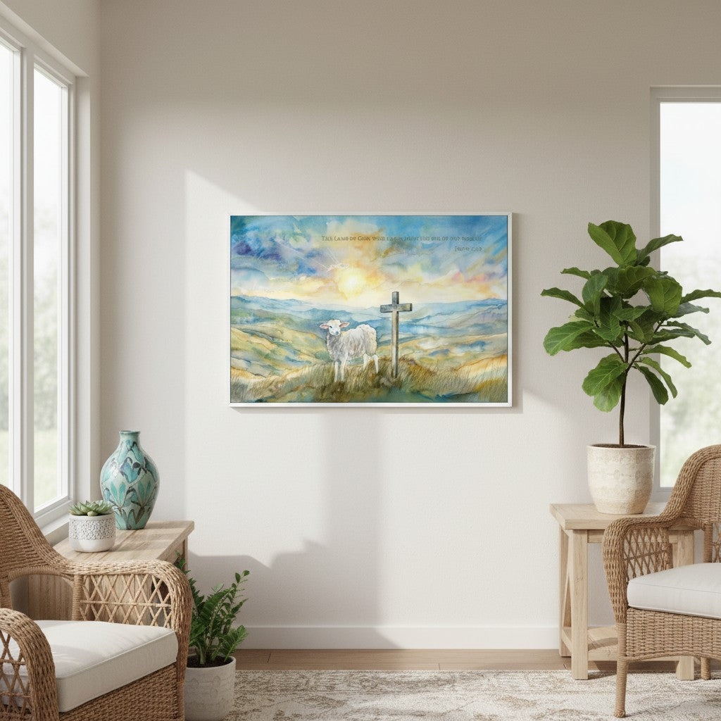 Watercolor Christian canvas featuring the Lamb of God beside the cross, bringing warmth and faith to modern living spaces.