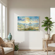 Watercolor Christian canvas featuring the Lamb of God beside the cross, bringing warmth and faith to modern living spaces.