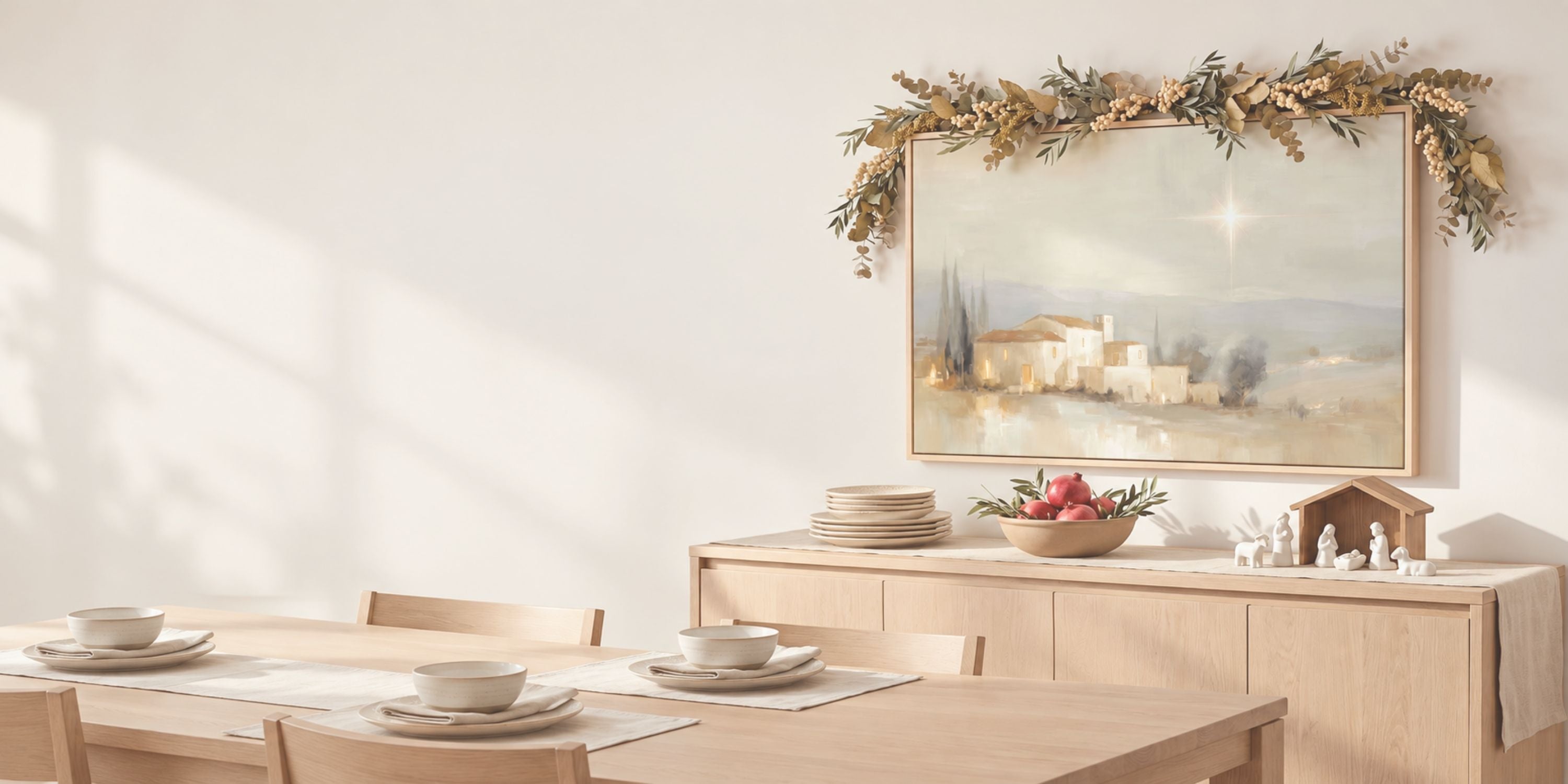 Wide dining room scene with framed Star over Bethlehem artwork for Christmas home decoration above a sideboard and open wall space on the left.