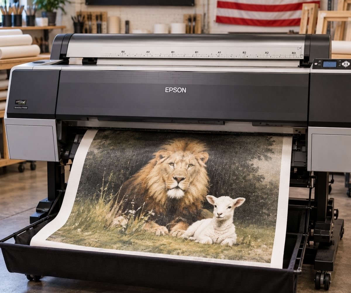 Fine-art giclée printer producing a lion and lamb Christian canvas art print in a workshop by Lamb's Love