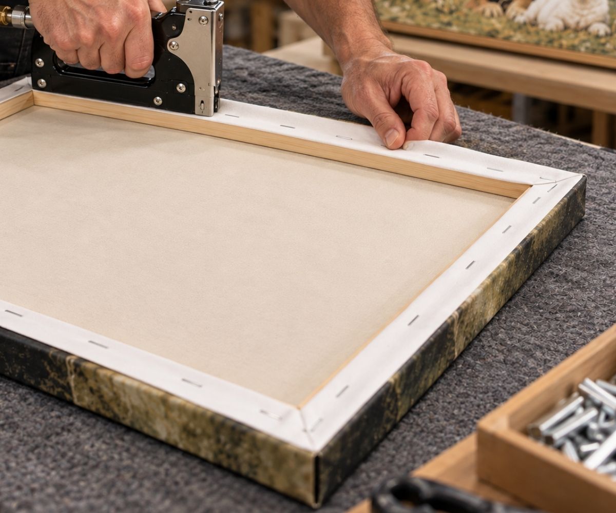 Artisan hand-stretching and stapling Christian canvas wall art onto a solid wood frame by Lamb's Love