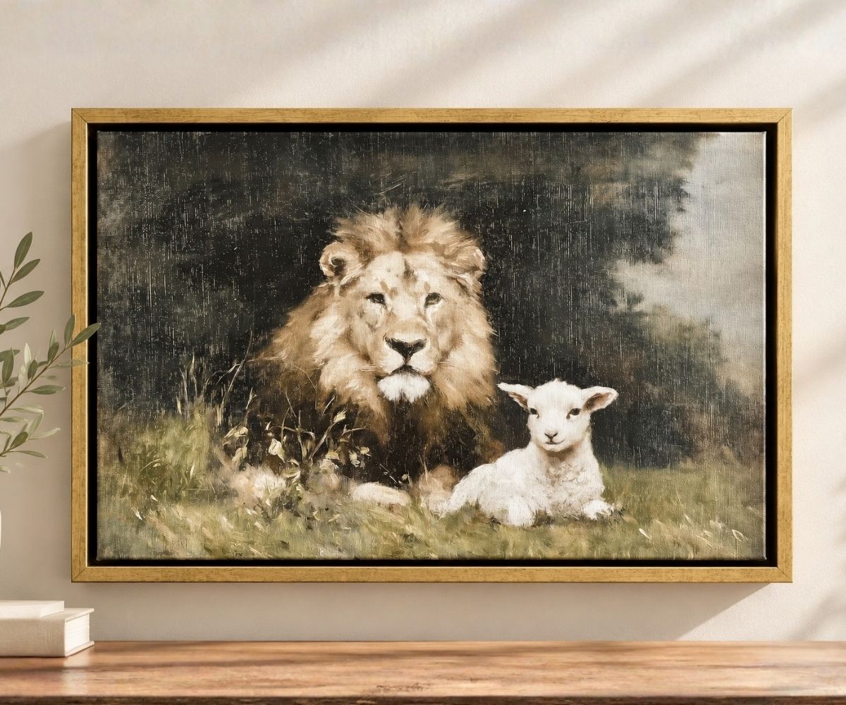 Framed lion and lamb Christian wall art canvas displayed in a warm living room by Lamb's Love