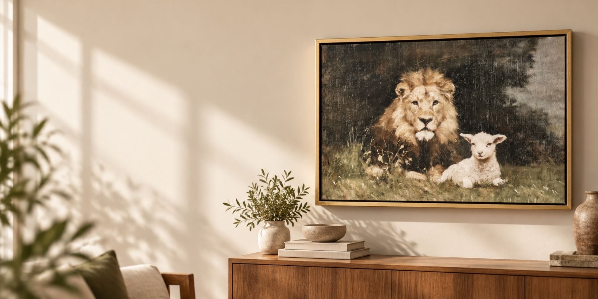 Framed lion and lamb Christian wall art canvas hanging in a modern living room by Lamb's Love