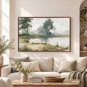 Framed vintage John 14:27 landscape canvas print hanging above a beige sofa in a modern living room by Lamb's Love