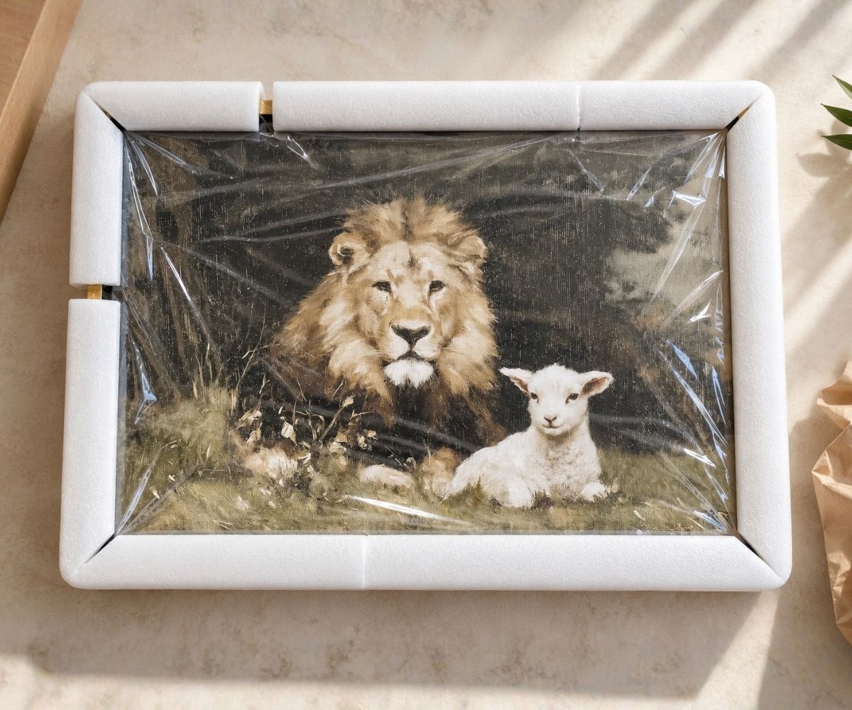 Framed lion and lamb Christian canvas art securely wrapped with protective corner guards by Lamb's Love
