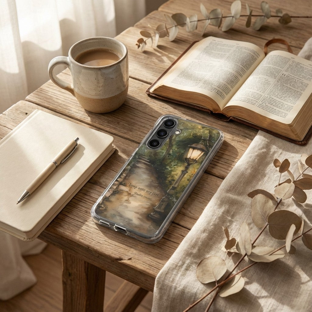 Samsung Galaxy phone case with nature design on a wooden table with book and mug